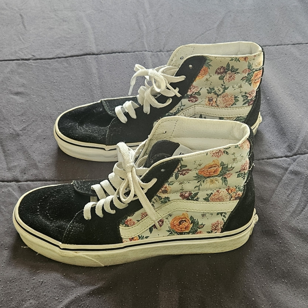 Vans Black and Cream Floral High-Top Sneakers